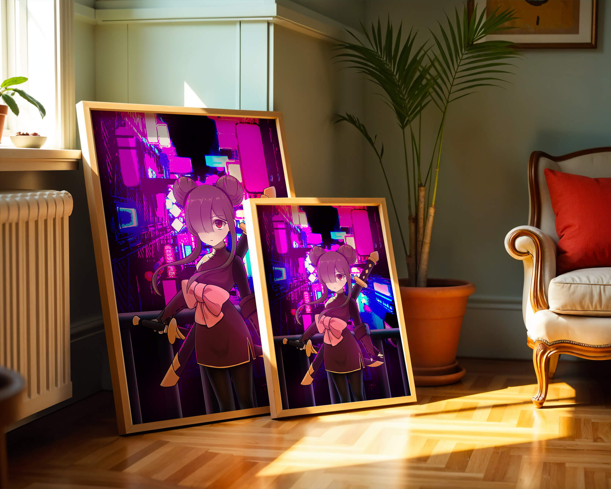 Anime Character with Swords and Neon Cityscape Background