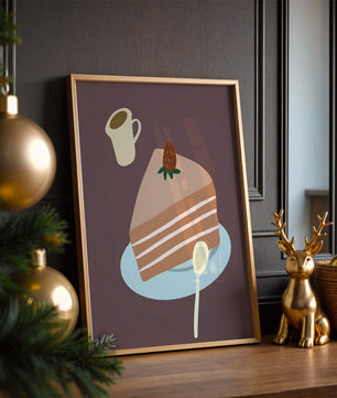 Ilustración de una porción de pastel con fresa y café