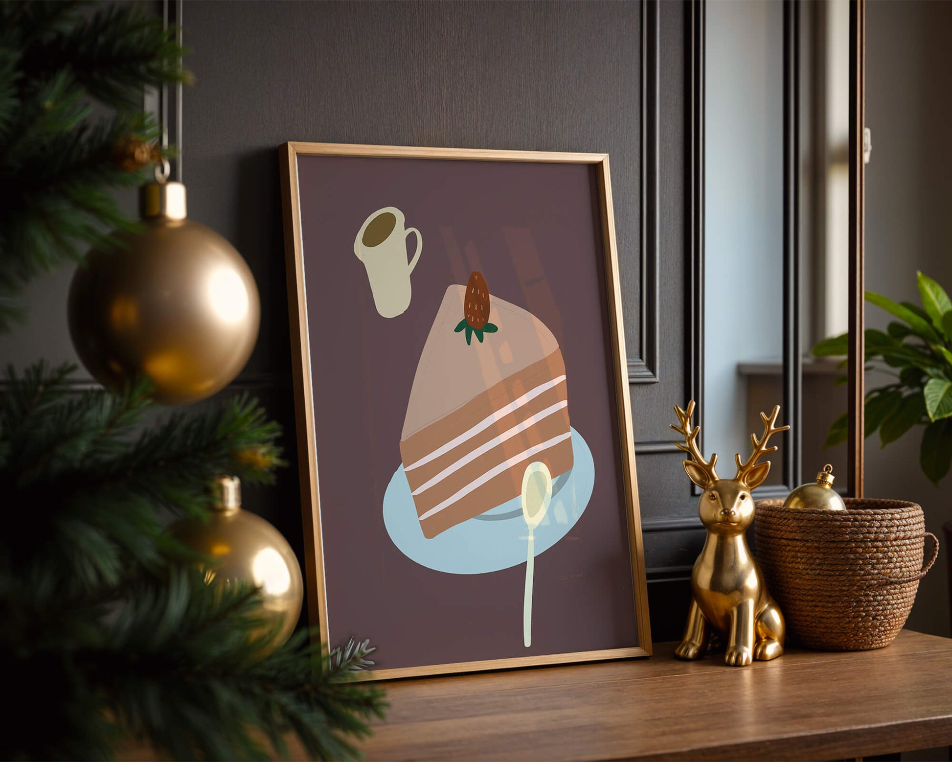 Illustration of a cake slice with strawberry and coffee
