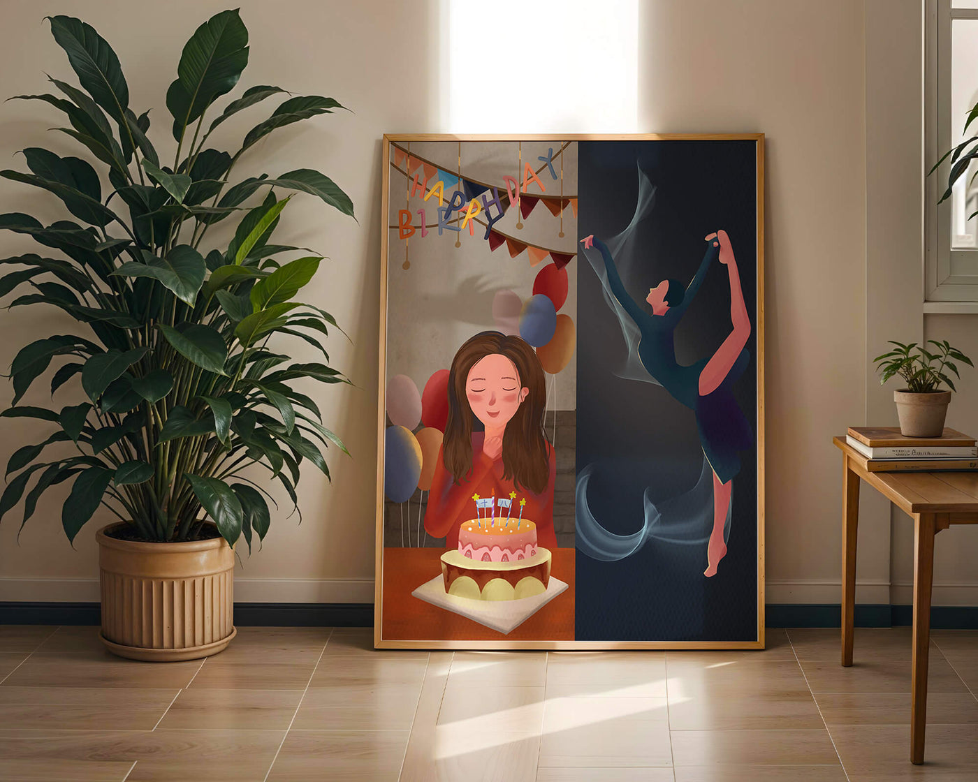 Birthday celebration illustration with cake and dancing figure