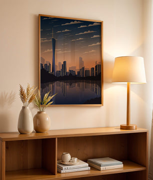 Skyline der Stadt bei Sonnenuntergang mit futuristischem Touch und Wasserspiegelung
