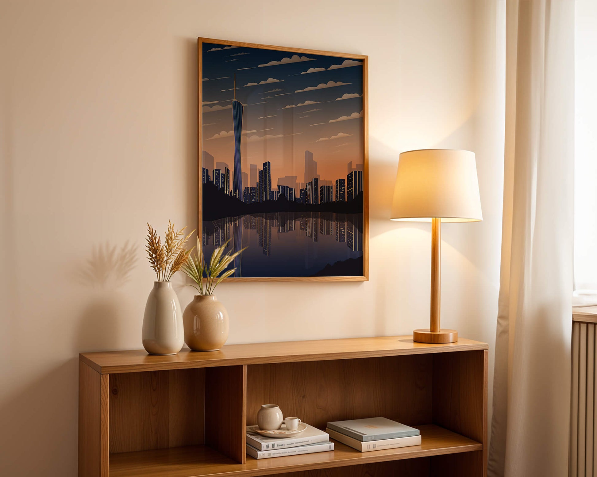 Skyline der Stadt bei Sonnenuntergang mit futuristischem Touch und Wasserspiegelung