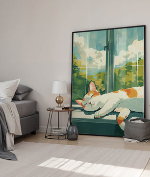 Peaceful Cat Napping by the Window with Sunlit Garden View - Mi tienda