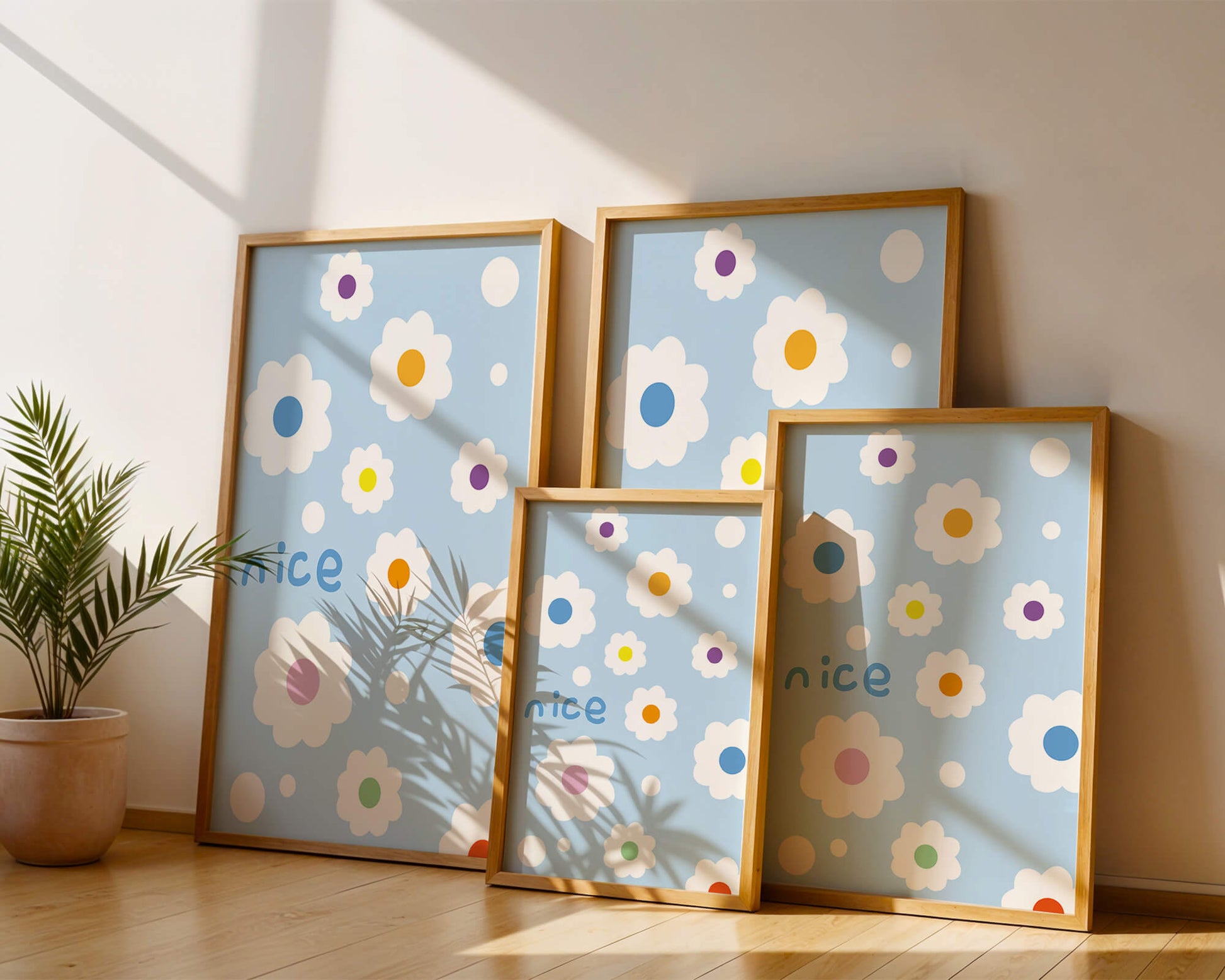 Pastel floral pattern with colorful centers on a blue background