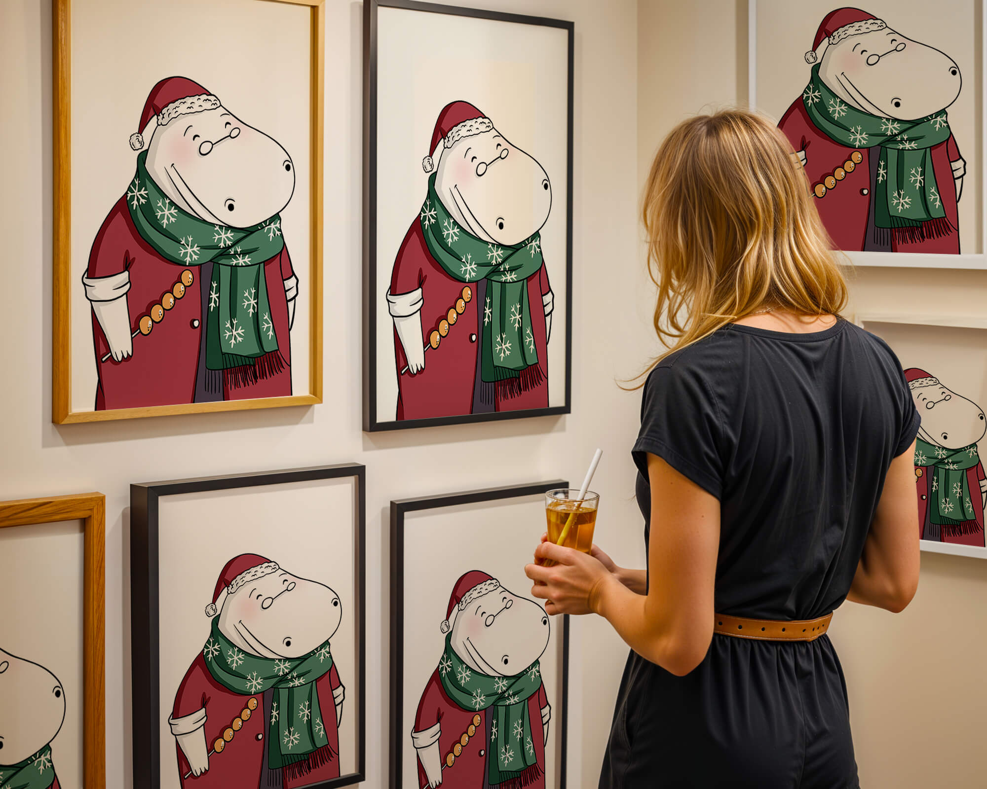 Festive hippo in a red outfit with a green snowflake scarf