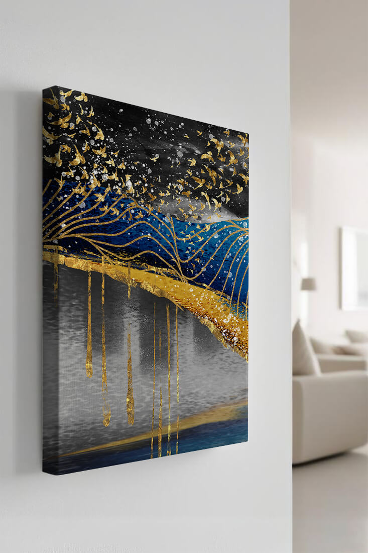 Abstract Night Sky With Golden Birds And Waves