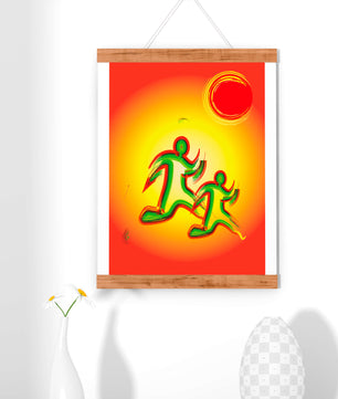 Abstract colorful figures under a vibrant sun with warm tones