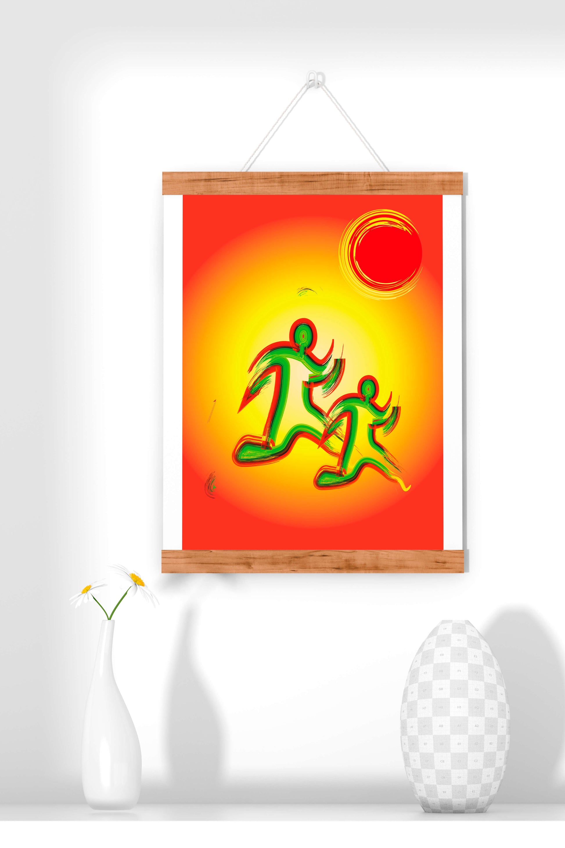 Abstract colorful figures under a vibrant sun with warm tones