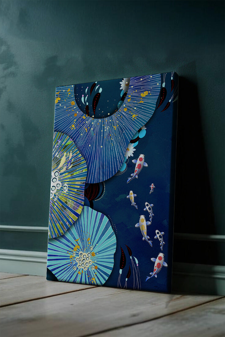 Vibrant underwater scene with koi fish and abstract floral design