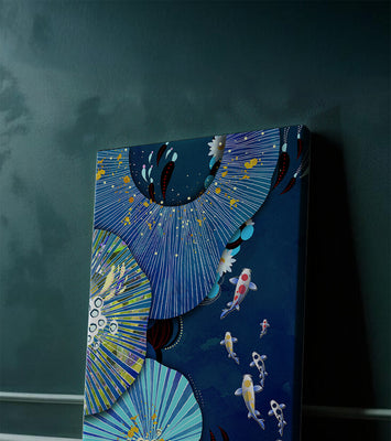 Vibrant underwater scene with koi fish and abstract floral design