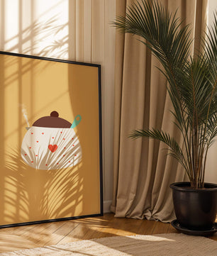 Ilustración de una olla decorada con corazones y vapor sobre fondo amarillo