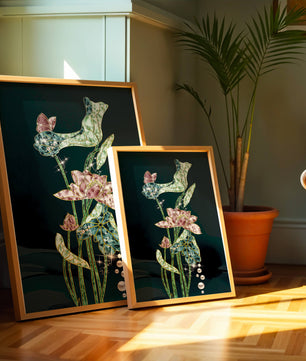 Floral Lotus Design with Gold Accents and Dew Drops