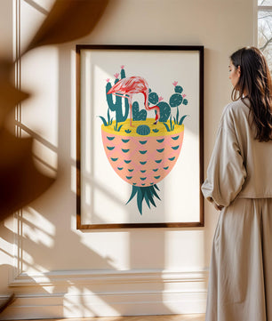 Flamingo with Cacti in Pineapple Vase Illustration