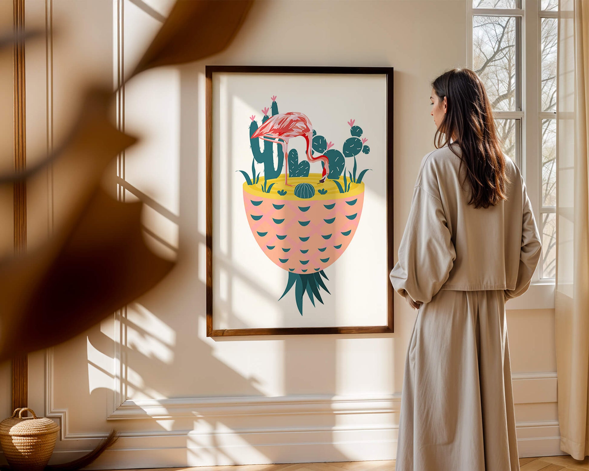 Ilustración de flamenco con cactus en jarrón de piña