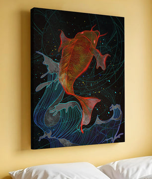 Koi Fish with Abstract Waves in Vibrant Colors