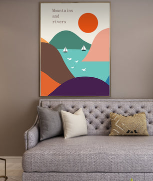 Abstract landscape with vibrant colors and geometric shapes