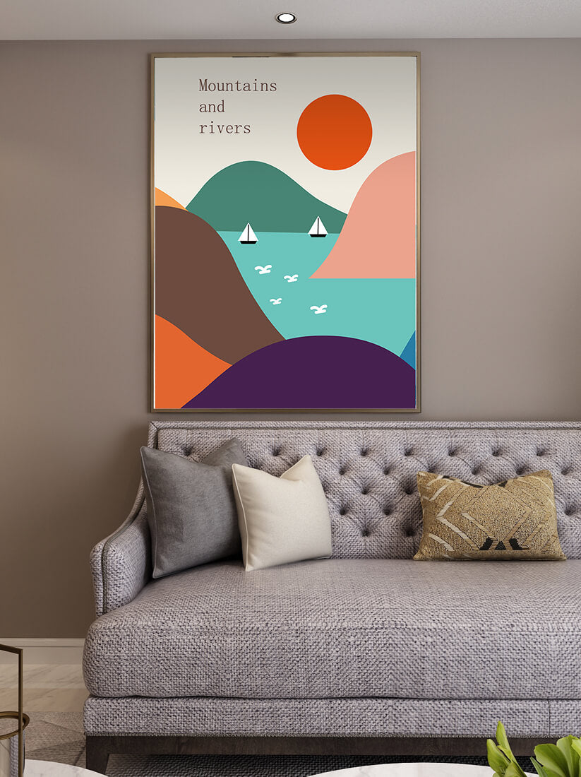 Abstract landscape with vibrant colors and geometric shapes