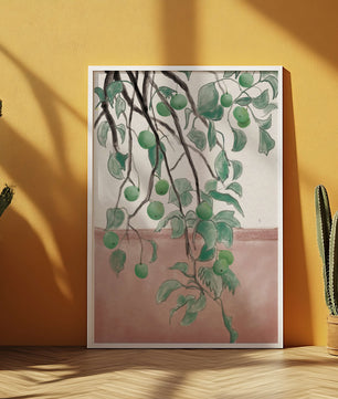 Branches With Green Apples And Leaves Over Pink Background