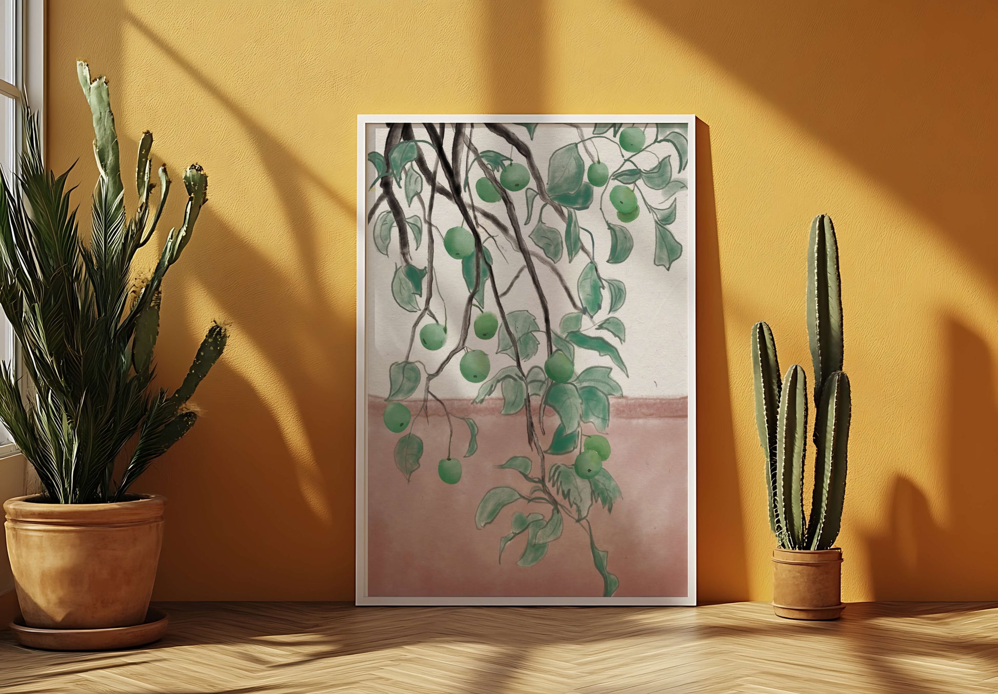 Branches With Green Apples And Leaves Over Pink Background