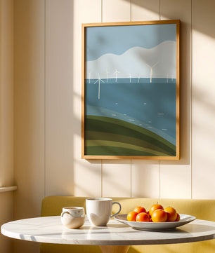 Wind Turbines on Rolling Hills Against a Clear Blue Sky