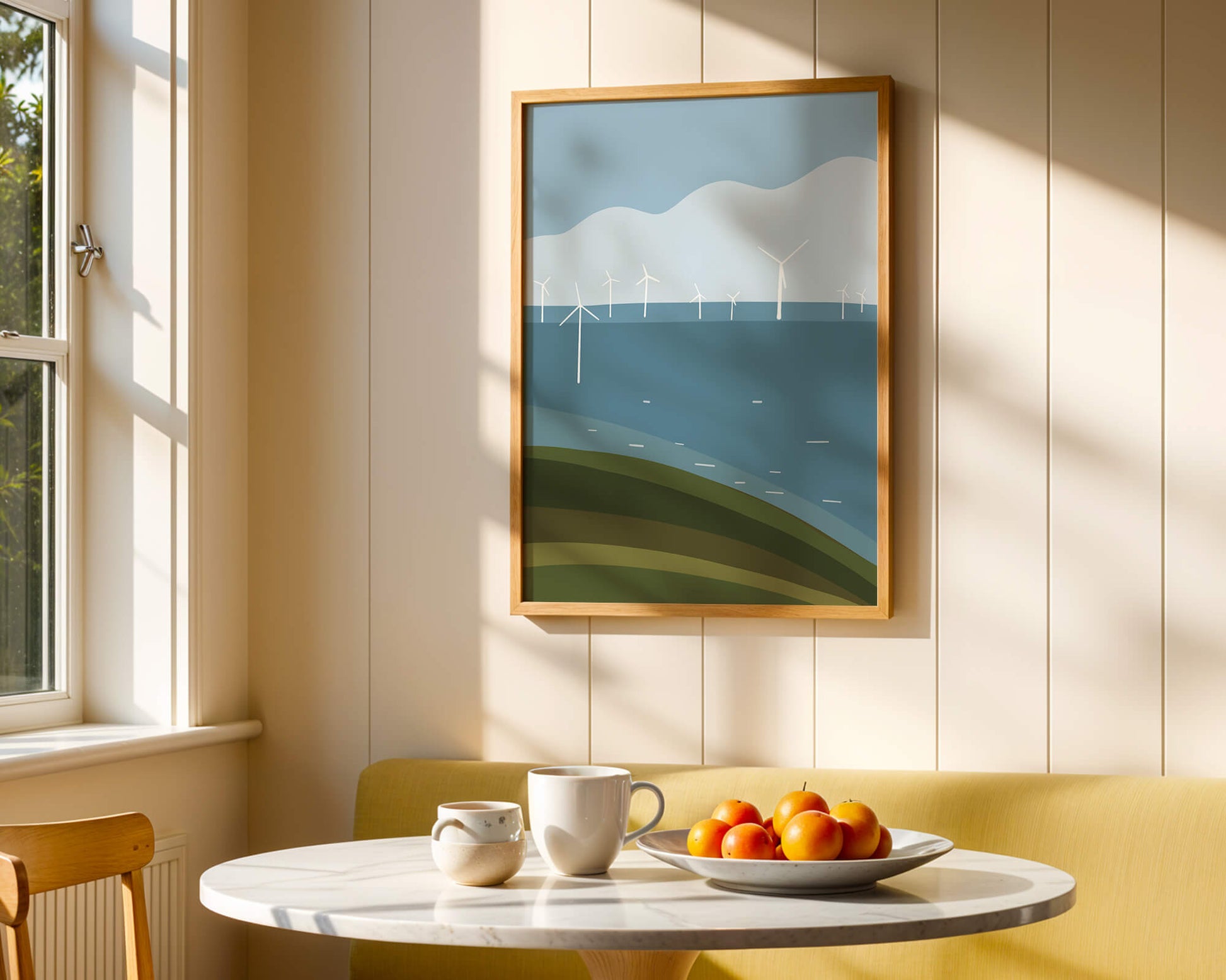 Wind Turbines on Rolling Hills Against a Clear Blue Sky