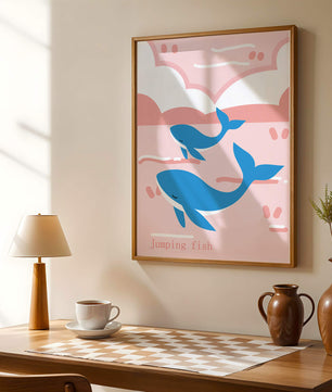 Playful whales illustration in pastel pink and blue