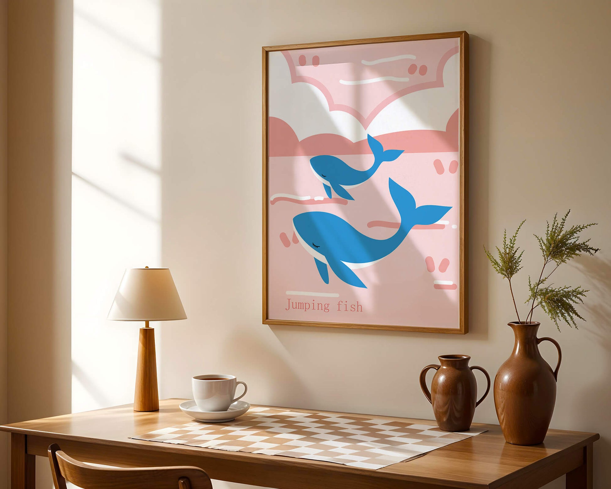 Playful whales illustration in pastel pink and blue