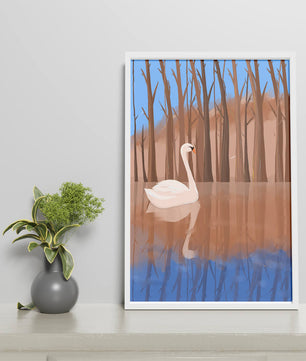 Serene swan on calm water with reflections of trees