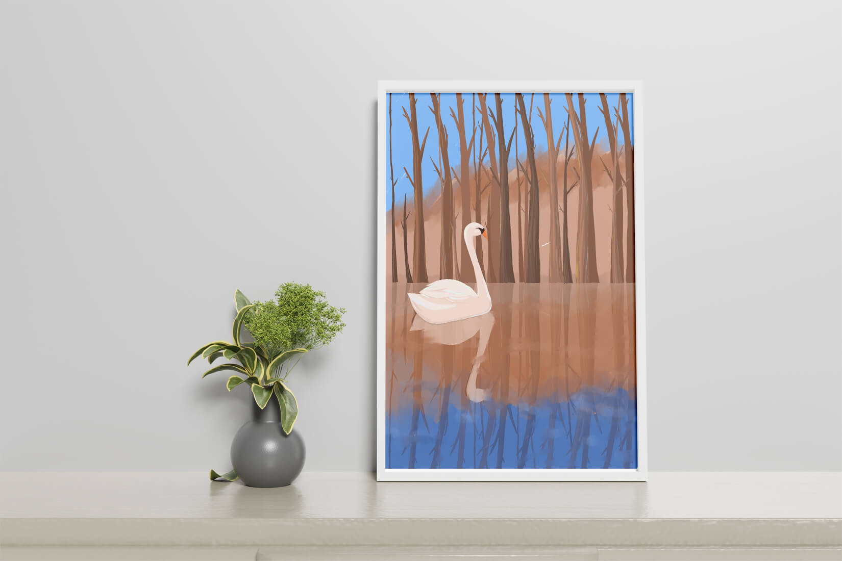 Serene swan on calm water with reflections of trees