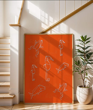 Geometrische Tiermuster auf leuchtend orangefarbenem Hintergrund