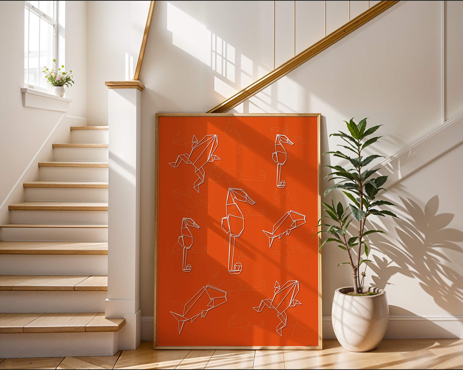Geometric animal patterns on vibrant orange background