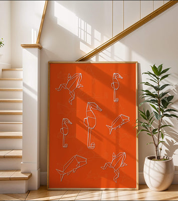 Geometric animal patterns on vibrant orange background