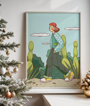 Person walking in desert landscape with cacti