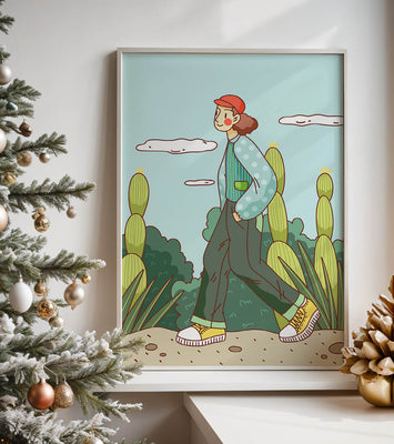 Person walking in desert landscape with cacti