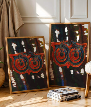 Abstract artwork featuring colorful geometric owl design