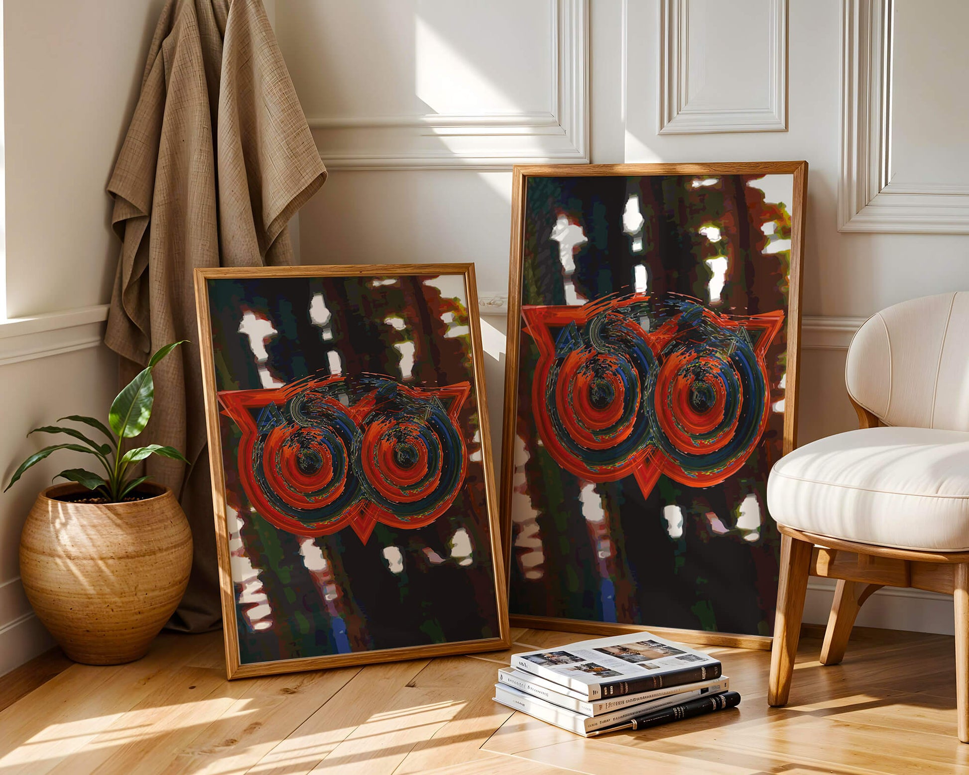 Abstract artwork featuring colorful geometric owl design