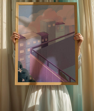 Urban Pastel Scene with Buildings and Pink Clouds
