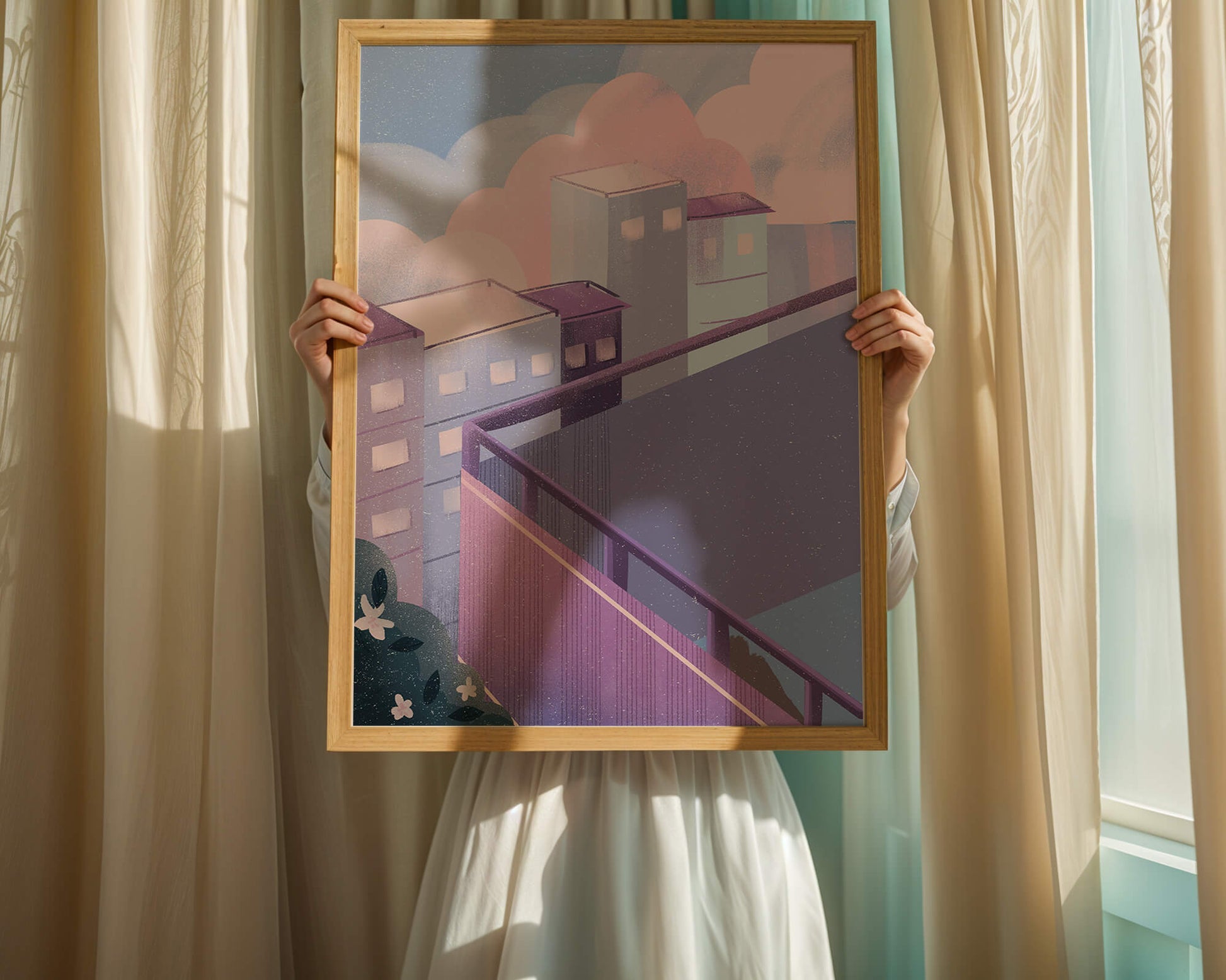 Urban Pastel Scene with Buildings and Pink Clouds