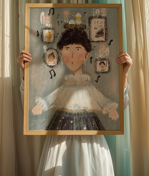 Retrato ilustrado caprichoso con elementos musicales y dorados
