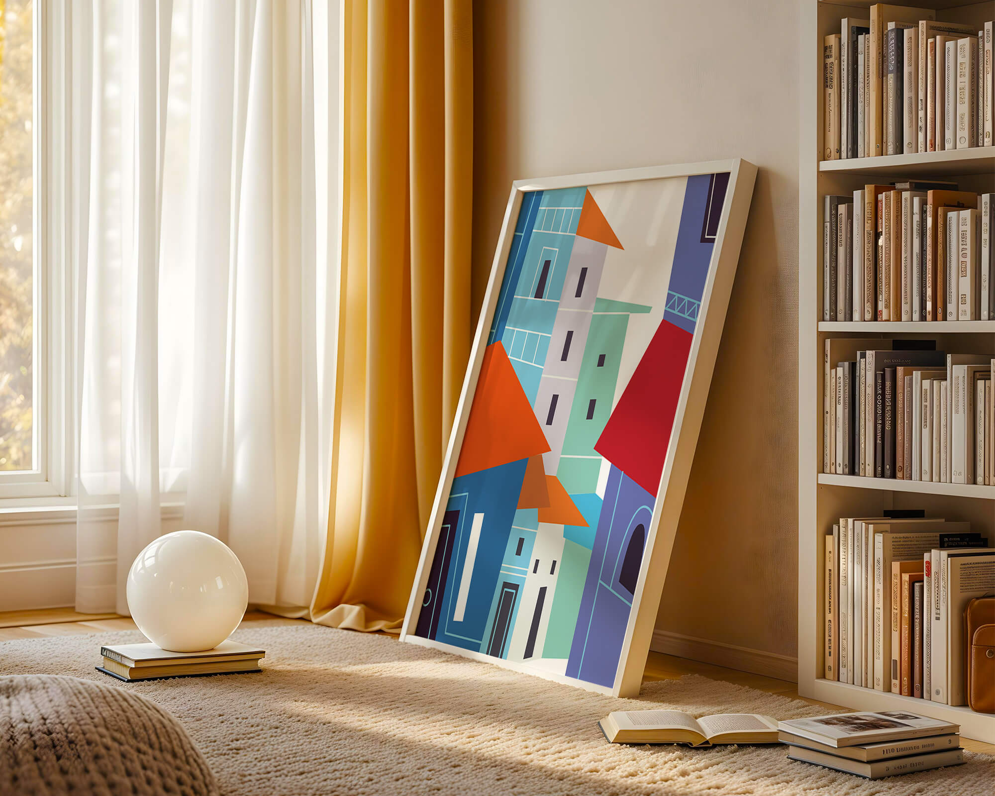 Colorful abstract cityscape with geometric buildings