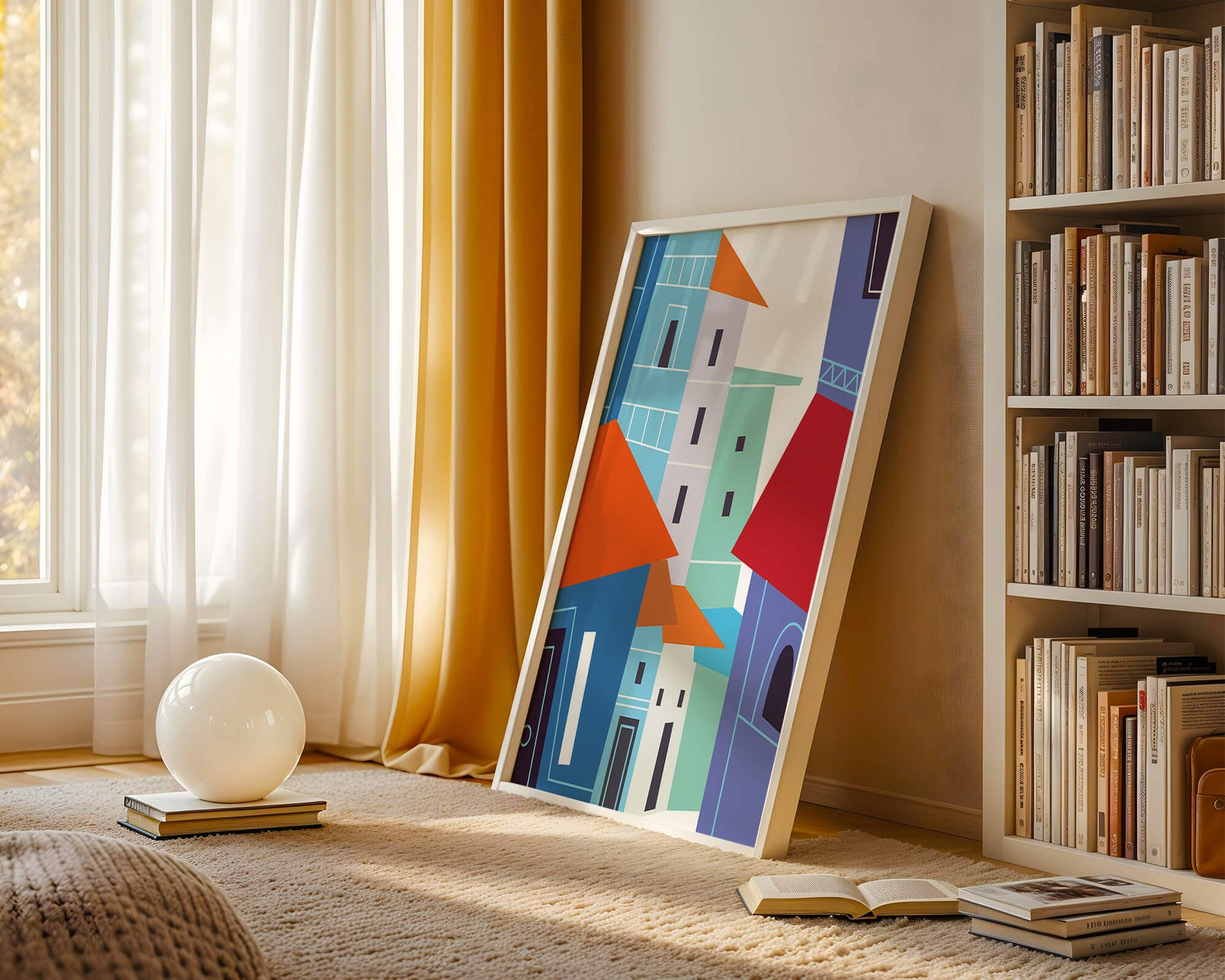 Colorful abstract cityscape with geometric buildings