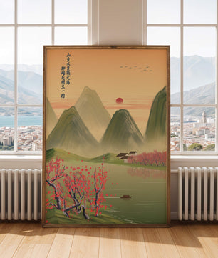 Serene landscape illustration with mountains and cherry blossoms