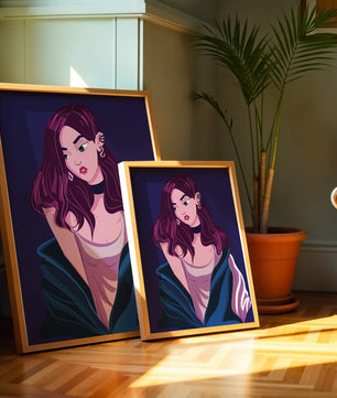 Illustration d'une fille élégante aux cheveux violets et à la veste bleue