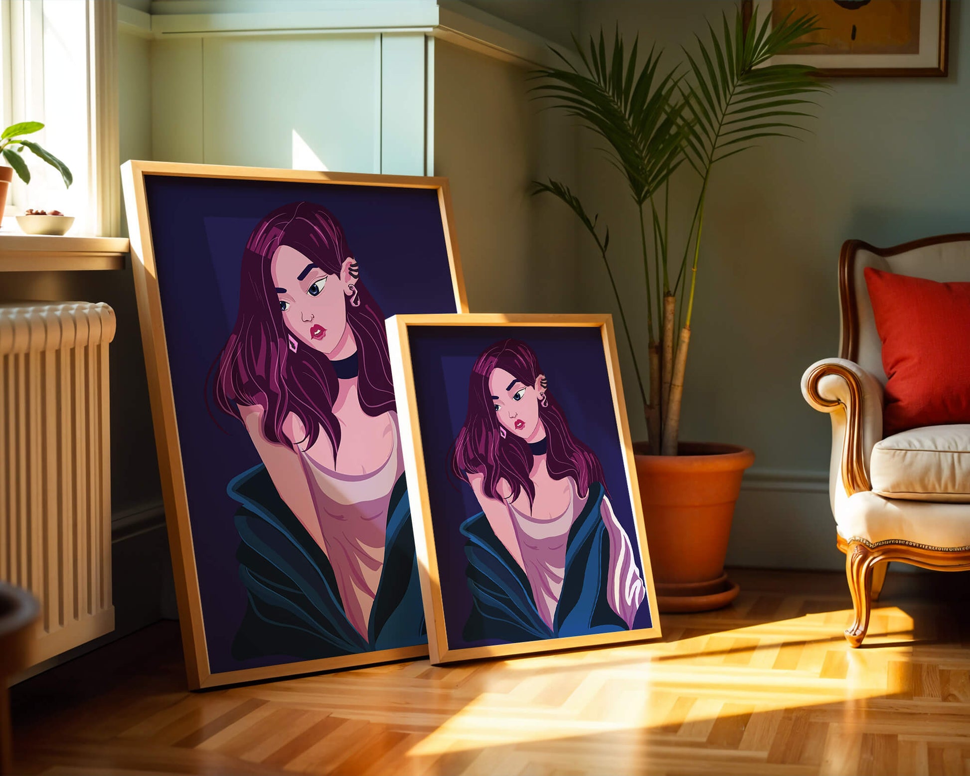 Stylish girl with purple hair and a blue jacket illustration