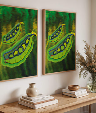 Ilustración abstracta de guisantes verdes coloridos con fondo vibrante