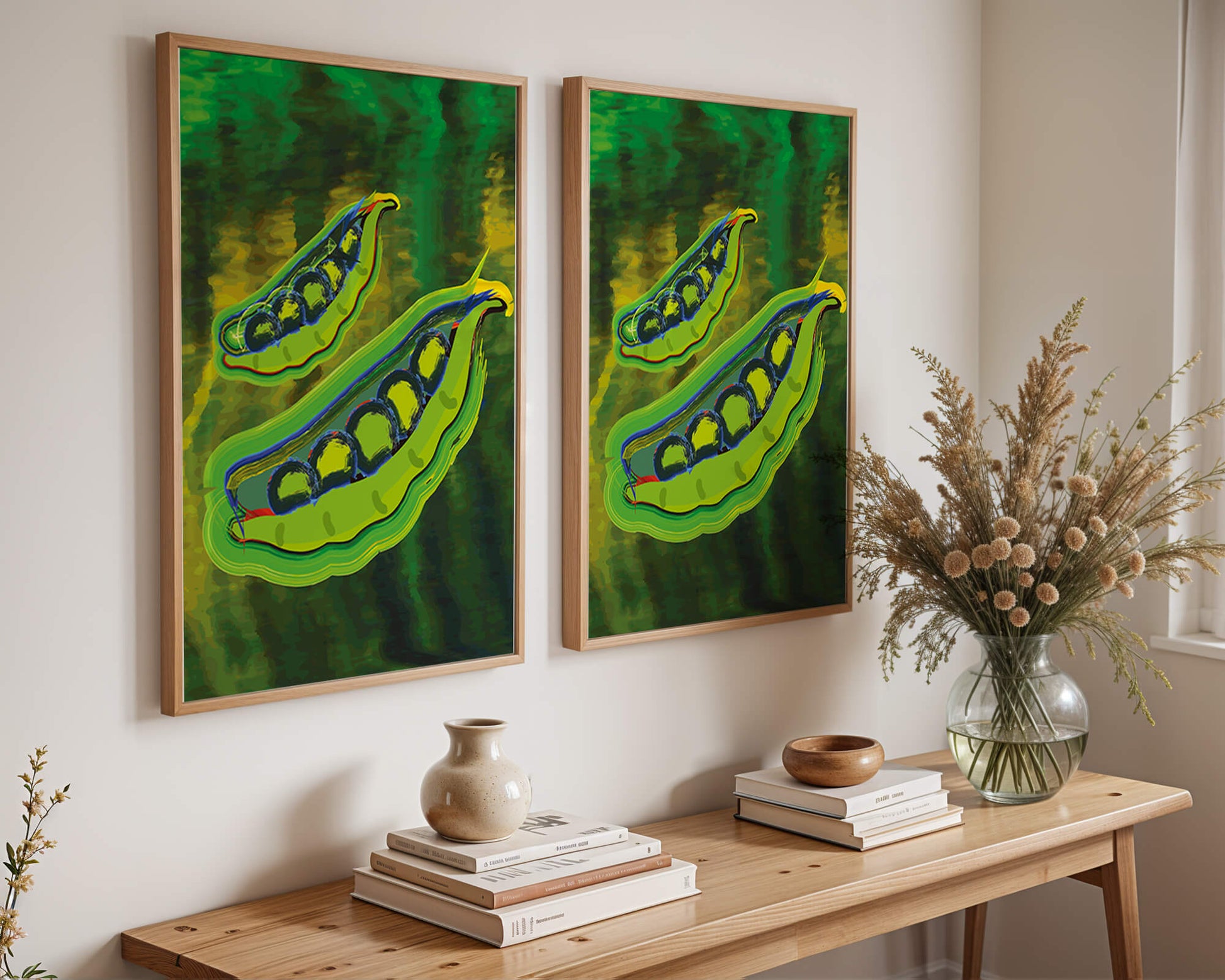 Ilustración abstracta de guisantes verdes coloridos con fondo vibrante