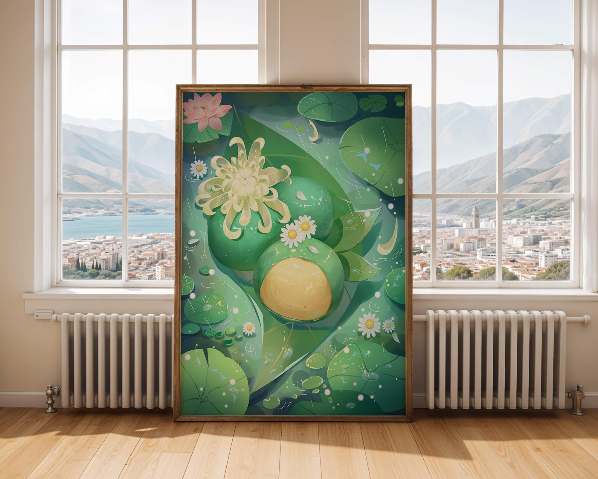 Lush aquatic scene with lotus flowers and green leaves