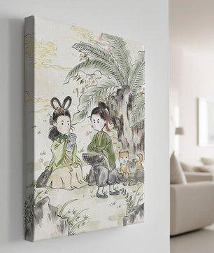 Arte asiático tradicional con dos personas y perros bajo un árbol