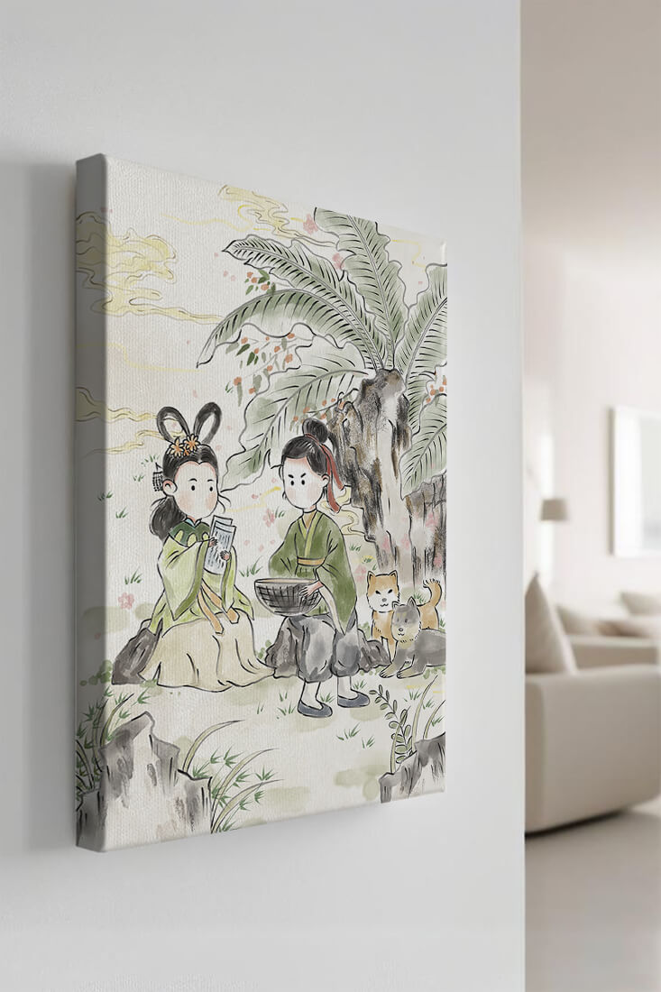 Arte asiático tradicional con dos personas y perros bajo un árbol