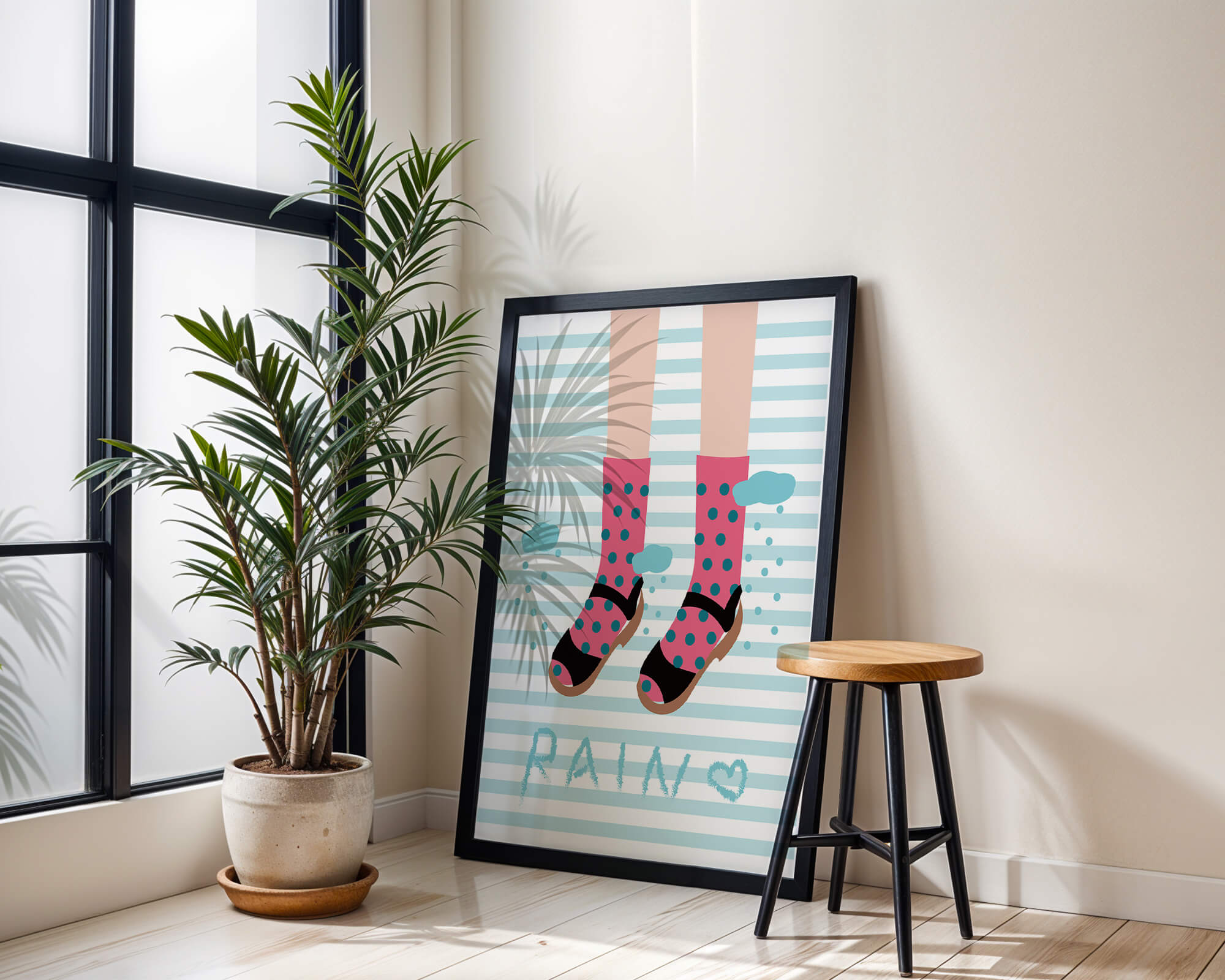 Illustration of polka dot socks and sandals on a striped background